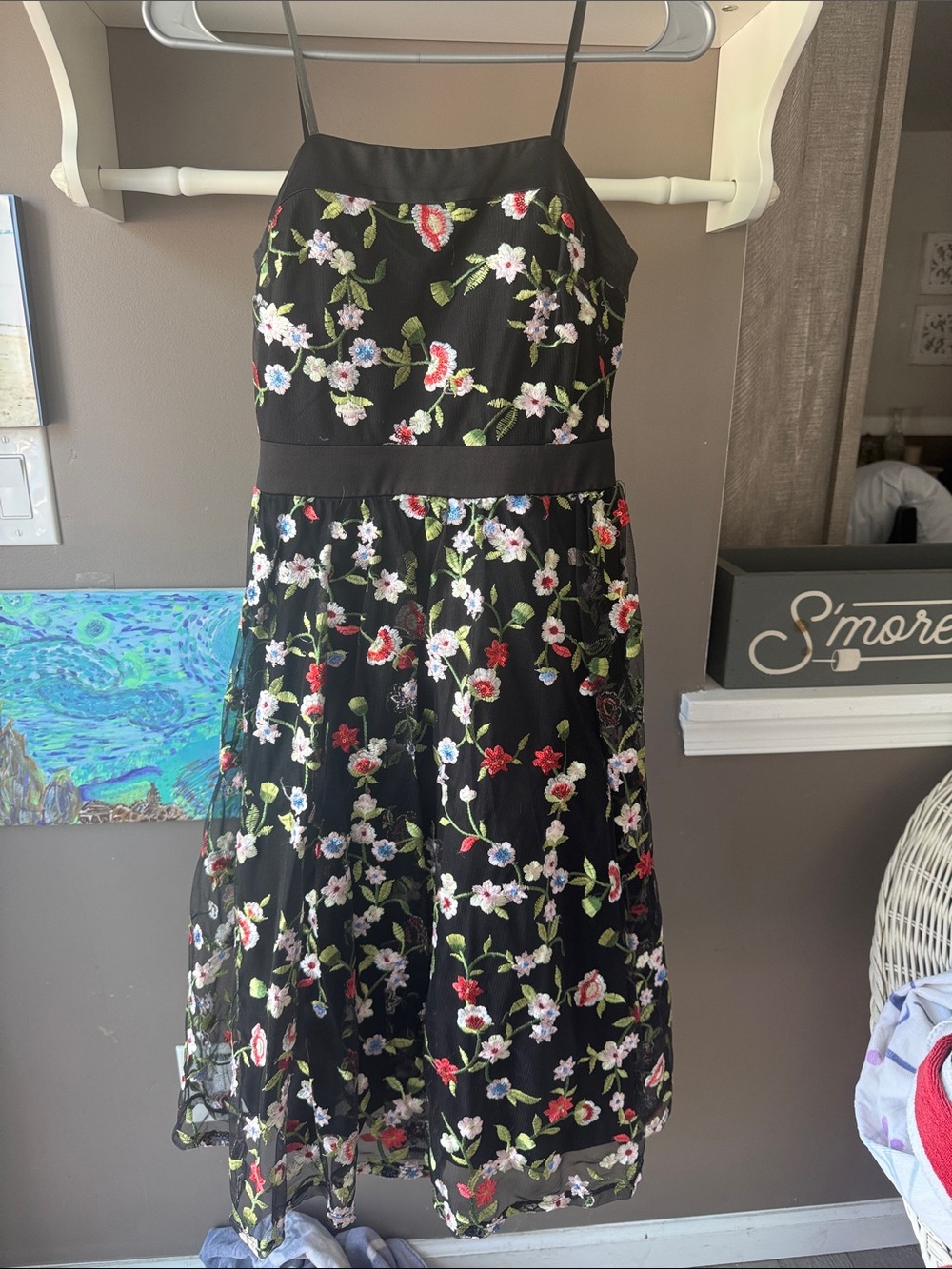 City Studio Black Floral Embroidered Spaghetti-Strap Dress